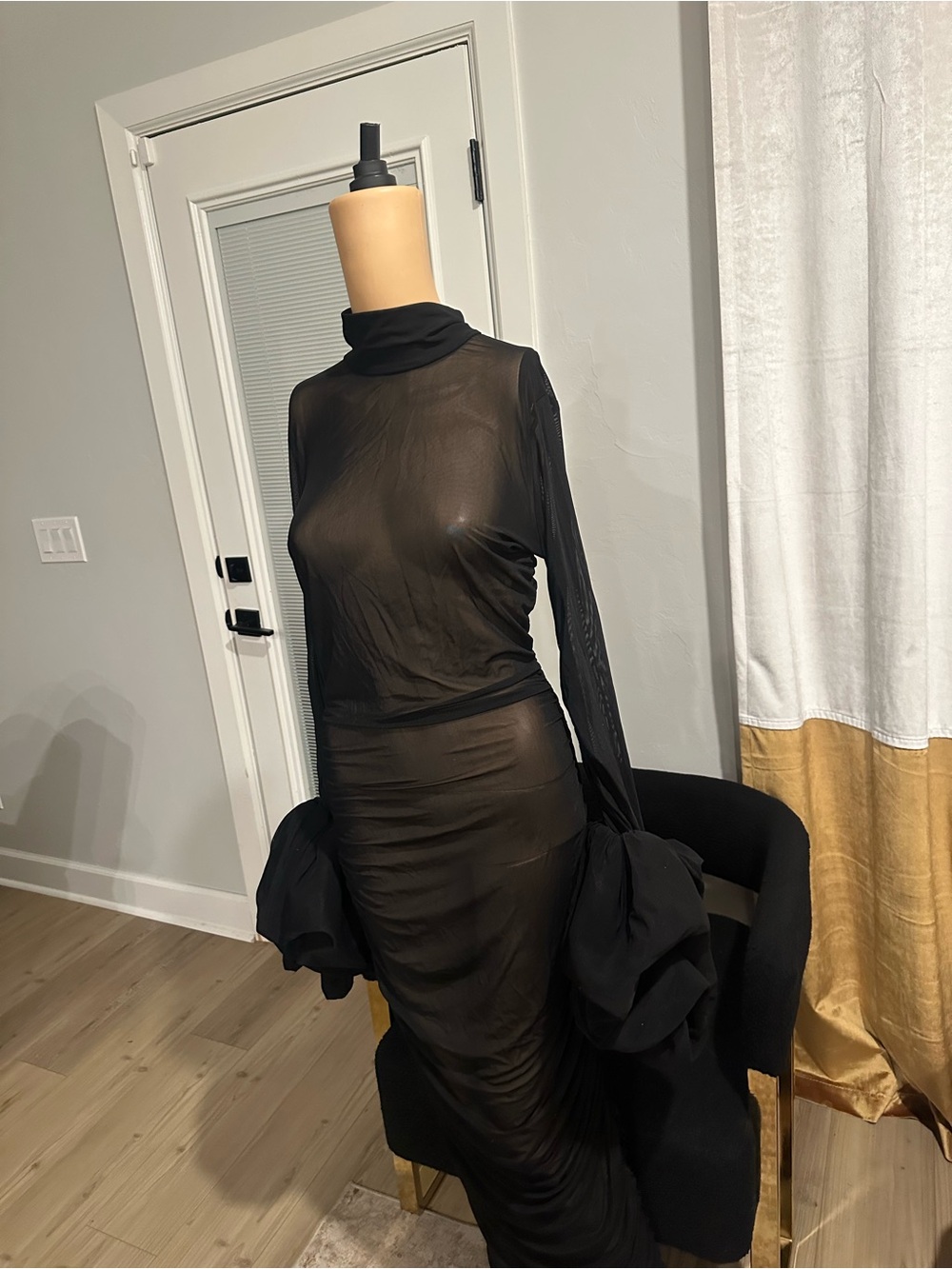 Elegant Black Sheer Long-Sleeve Turtleneck Maxi Dress